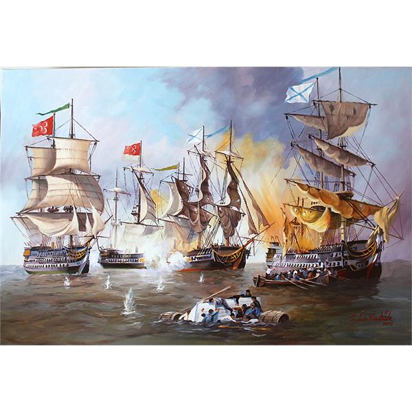 Anadolu 1770, Osmanlı-Rus Deniz Savaşı Yağlıboya Tablosu, Cumhur Koraltürk (108x78 cm)