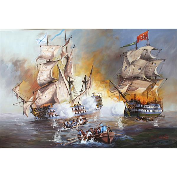 Sulucalar 1770 Osmanlı-Rus Deniz Savaşı Yağlıboya Tablosu, Cumhur Koraltürk (108x78 cm)
